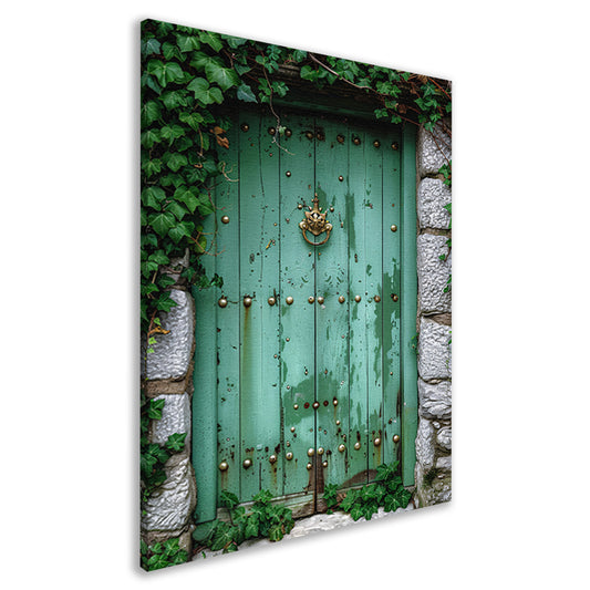 Verweerde groene deur met gouden accenten canvas