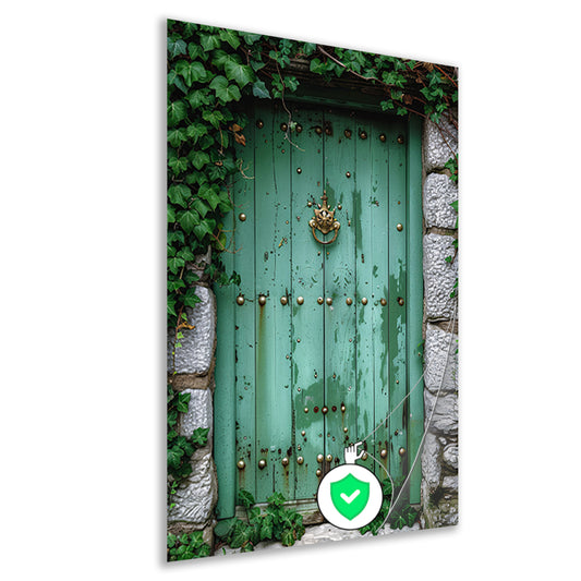 Verweerde groene deur met gouden accenten poster