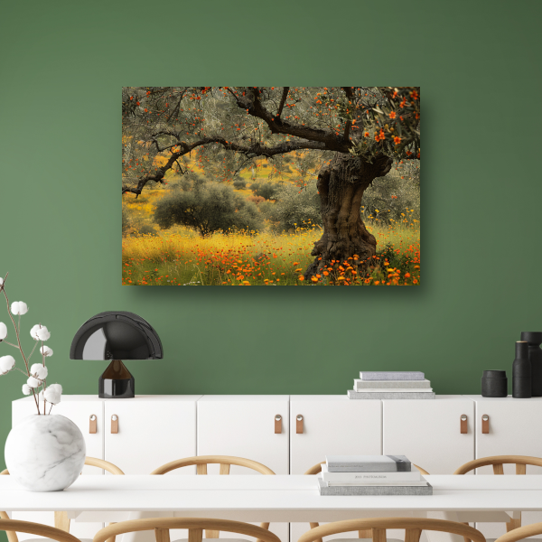 Bloeiende boom in veld canvas