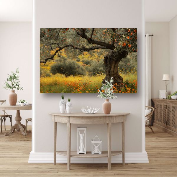 Bloeiende boom in veld canvas