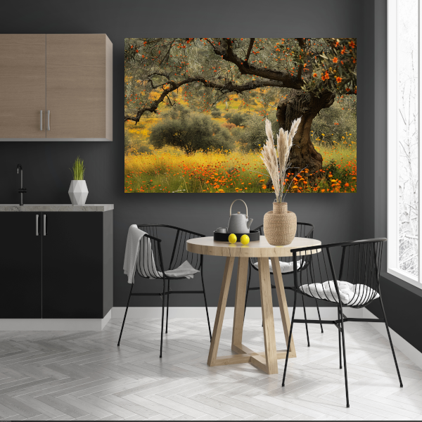 Bloeiende boom in veld canvas