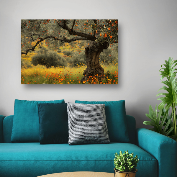 Bloeiende boom in veld canvas met baklijst