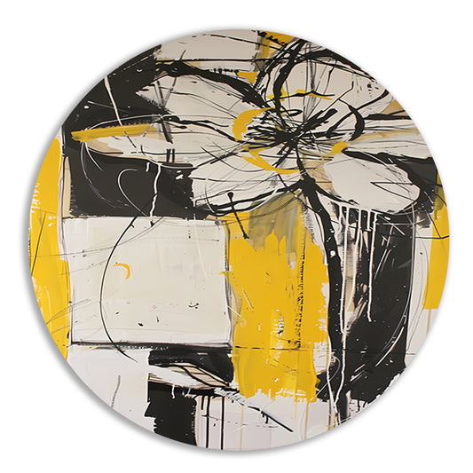 Abstracte Tulpenkunst in Geel en Zwart aluminium muurcirkel