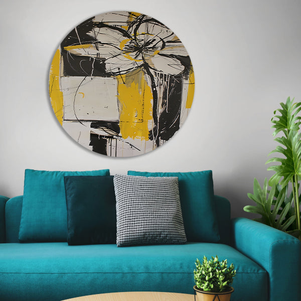 Abstracte Tulpenkunst in Geel en Zwart aluminium muurcirkel