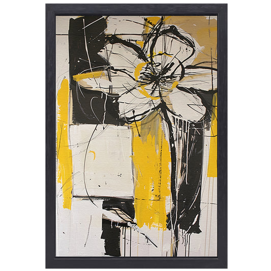 Abstracte Tulpenkunst in Geel en Zwart canvas met baklijst