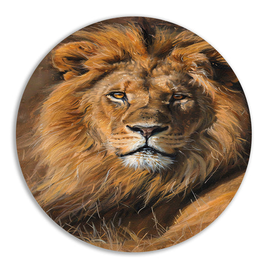 Majestueuze leeuw in het wild schilderij aluminium muurcirkel