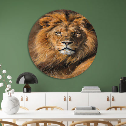 Majestueuze leeuw in het wild schilderij aluminium muurcirkel