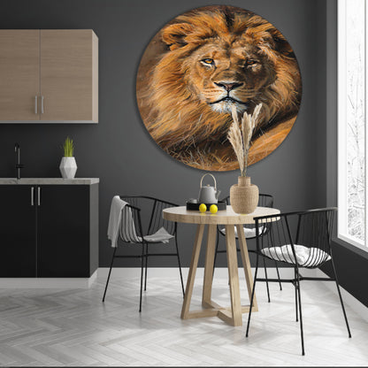 Majestueuze leeuw in het wild schilderij aluminium muurcirkel
