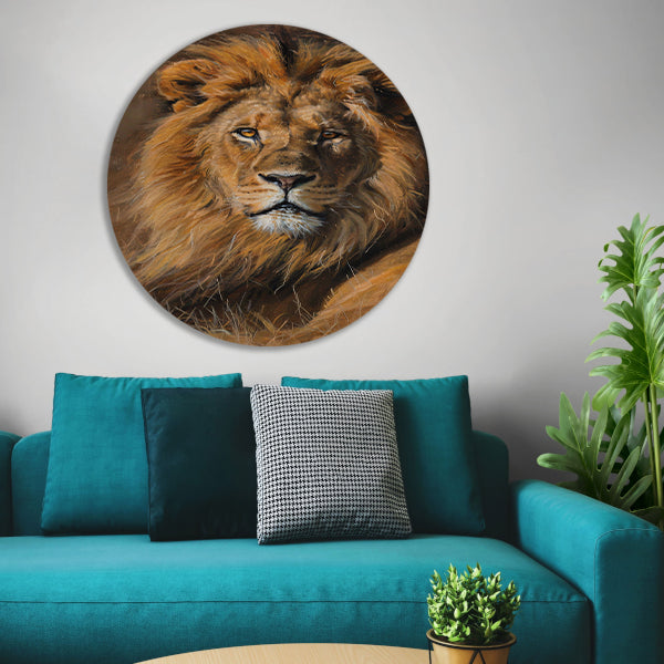 Majestueuze leeuw in het wild schilderij aluminium muurcirkel