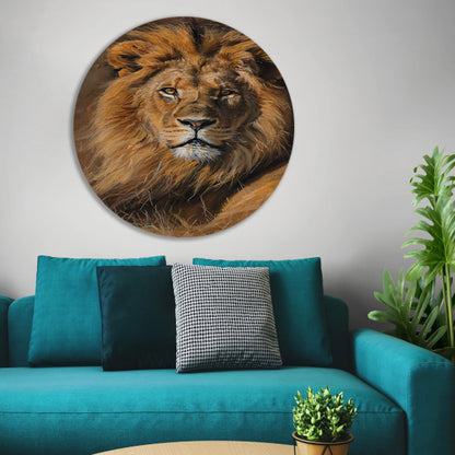 Majestueuze leeuw in het wild schilderij aluminium muurcirkel
