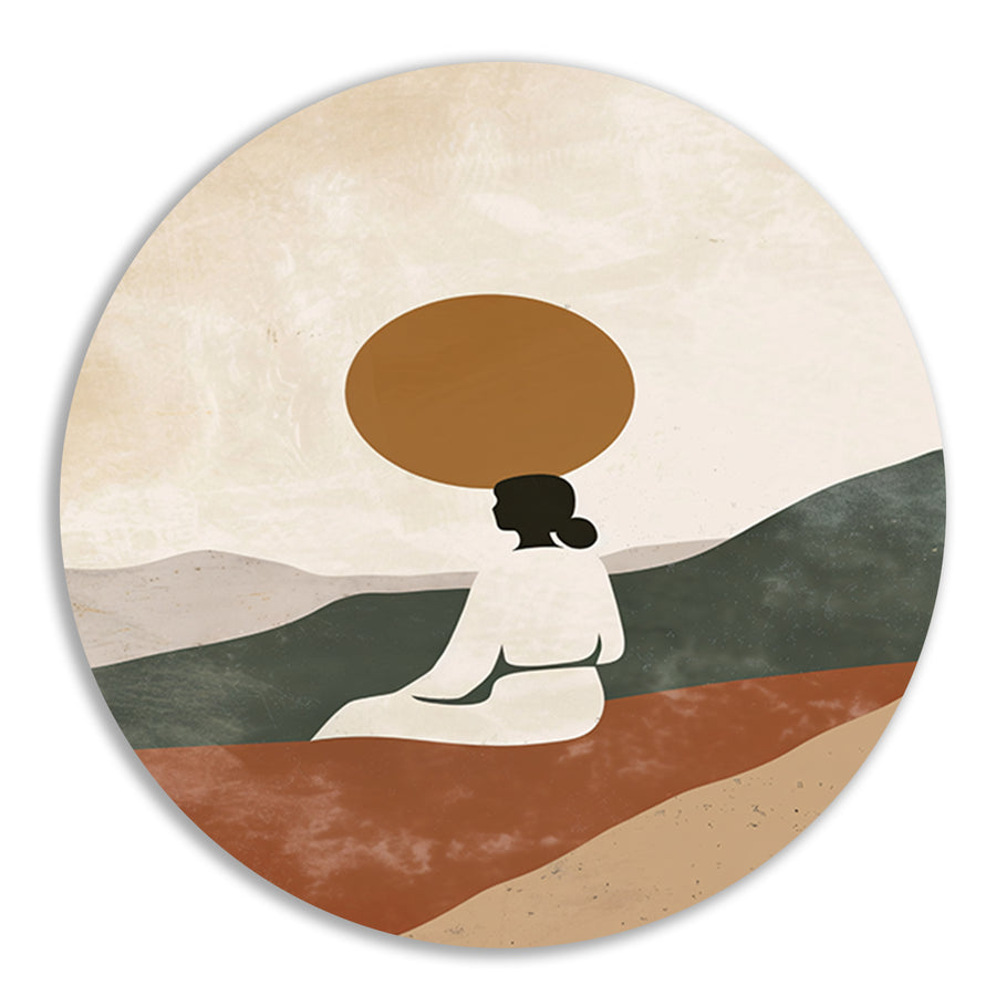 Contemplatieve vrouw in minimalistisch landschap forex muurcirkel