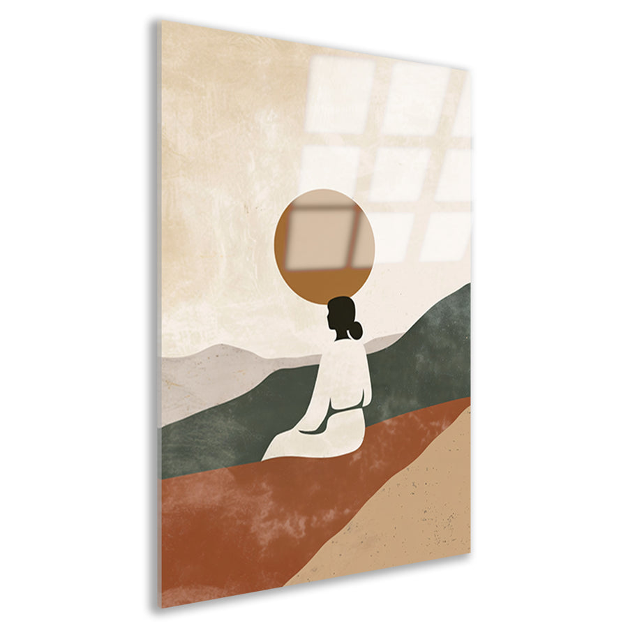 Contemplatieve vrouw in minimalistisch landschap acrylglas
