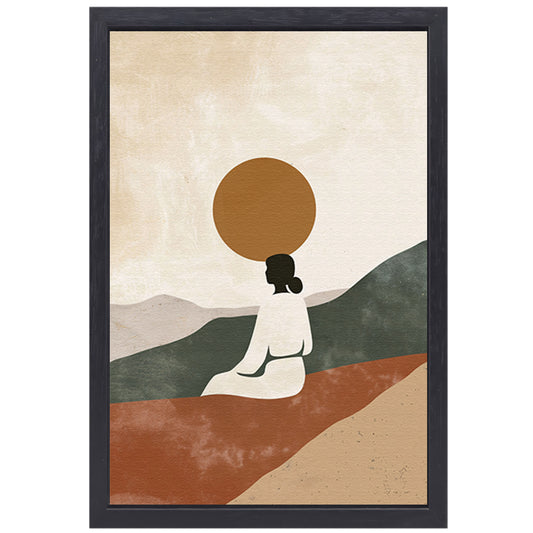 Contemplatieve vrouw in minimalistisch landschap canvas met baklijst