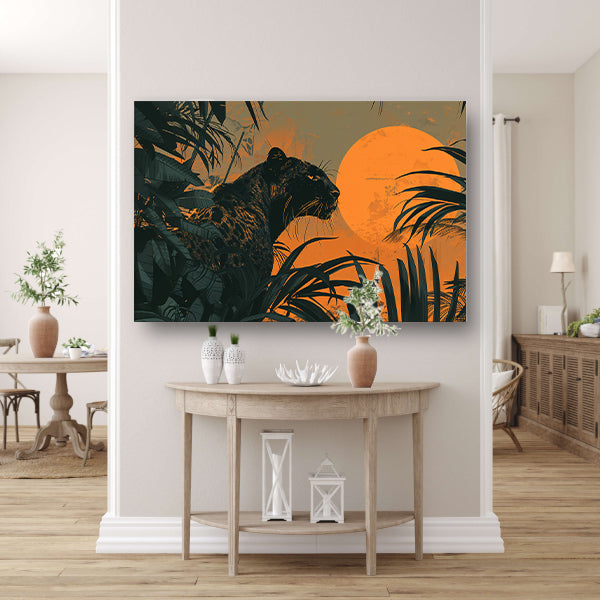 Panter in jungle bij zonsondergang schilderij acrylglas