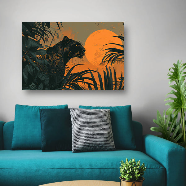 Panter in jungle bij zonsondergang schilderij acrylglas