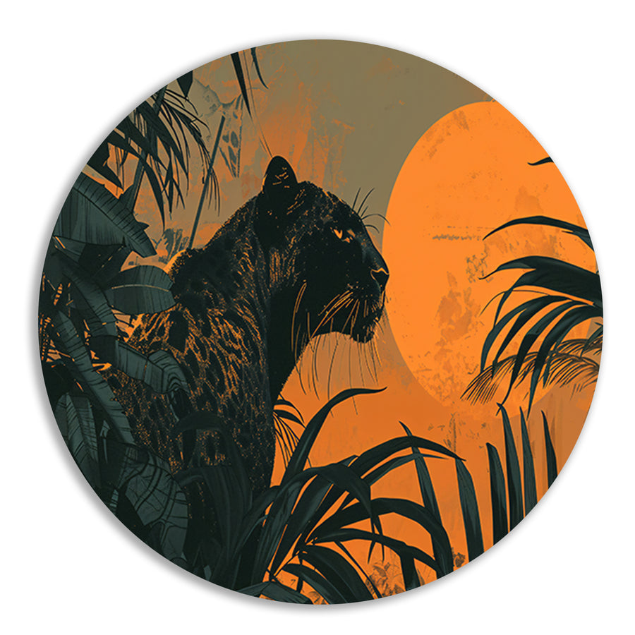 Panter in jungle bij zonsondergang schilderij forex muurcirkel