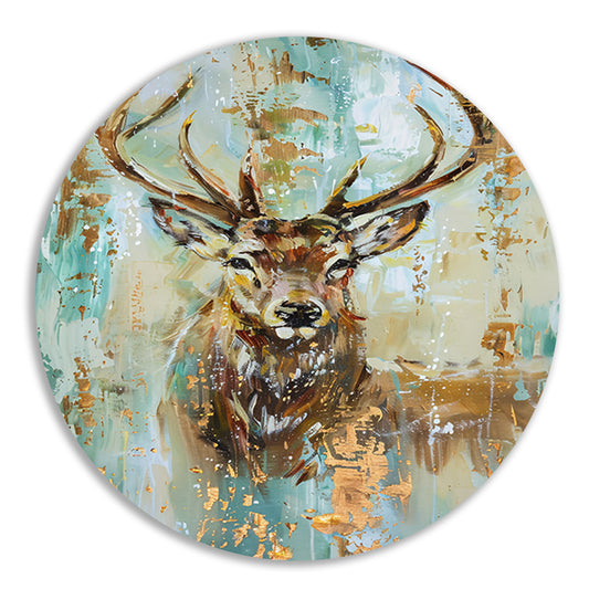 Abstract hertenschilderij met gouden accenten aluminium muurcirkel