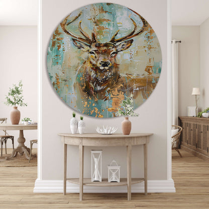 Abstract hertenschilderij met gouden accenten aluminium muurcirkel