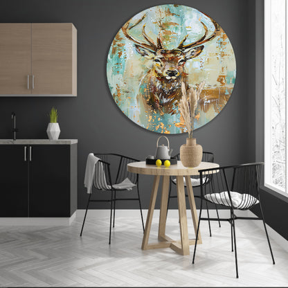 Abstract hertenschilderij met gouden accenten aluminium muurcirkel
