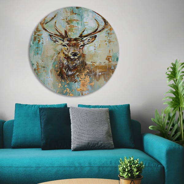 Abstract hertenschilderij met gouden accenten aluminium muurcirkel