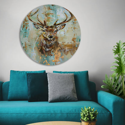 Abstract hertenschilderij met gouden accenten aluminium muurcirkel