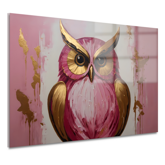 Abstracte gouden en roze uil schilderij acrylglas