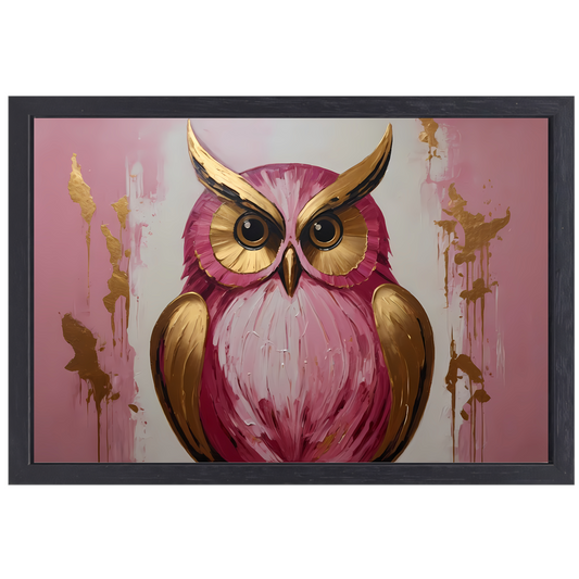 Abstracte gouden en roze uil schilderij canvas met baklijst
