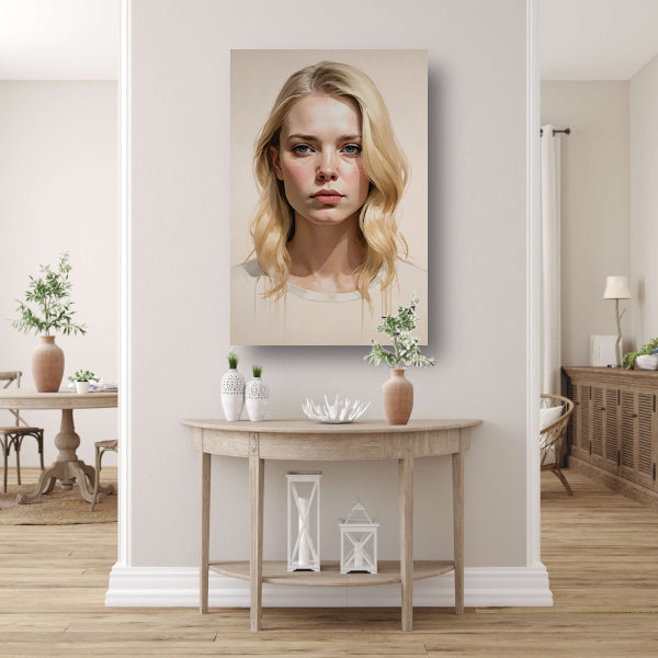 Blondine met serene blik en zacht licht acrylglas