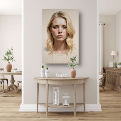 Blondine met serene blik en zacht licht poster