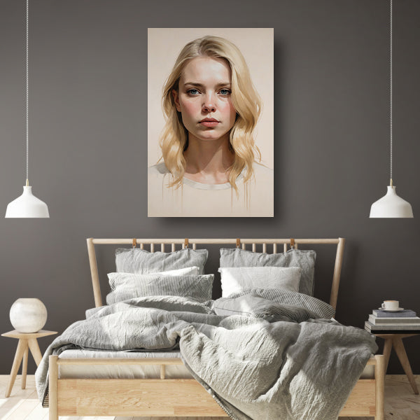 Blondine met serene blik en zacht licht acrylglas