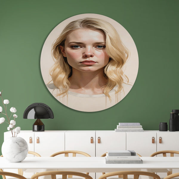 Blondine met serene blik en zacht licht forex muurcirkel