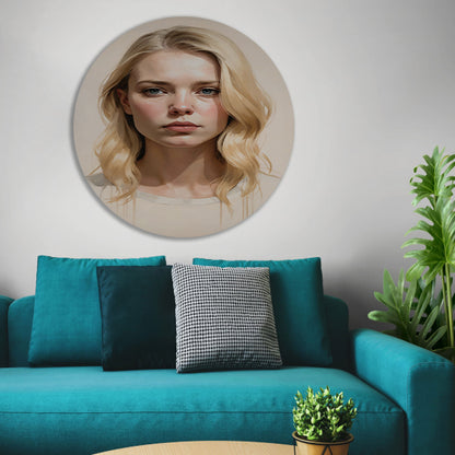 Blondine met serene blik en zacht licht forex muurcirkel