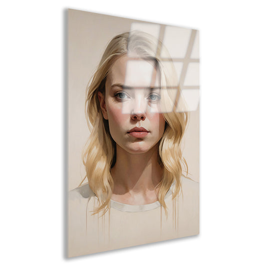Blondine met serene blik en zacht licht acrylglas
