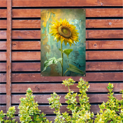 Schilderij van zonnebloem op kleurrijke achtergrond tuinposter