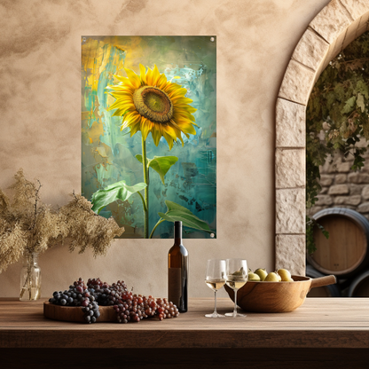 Schilderij van zonnebloem op kleurrijke achtergrond tuinposter