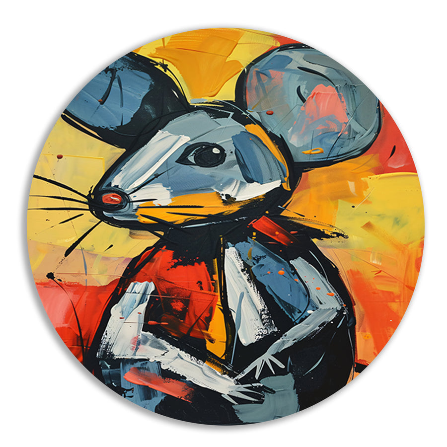 Expressief  van een blauwe muis aluminium muurcirkel