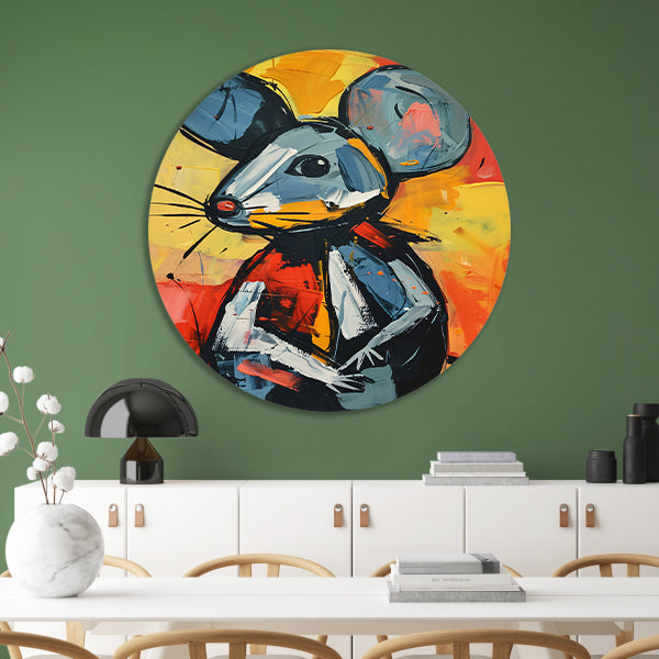 Expressief  van een blauwe muis aluminium muurcirkel