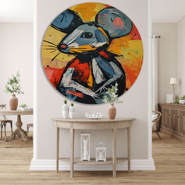 Expressief  van een blauwe muis aluminium muurcirkel