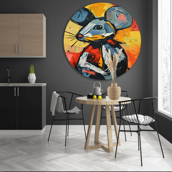 Expressief  van een blauwe muis aluminium muurcirkel