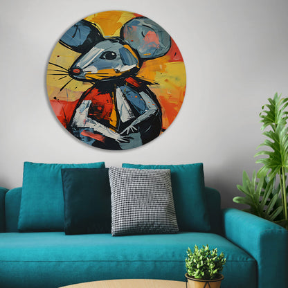 Expressief  van een blauwe muis aluminium muurcirkel