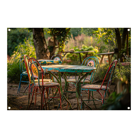 Moderne eetkamer met kleurrijke stoelen tuinposter