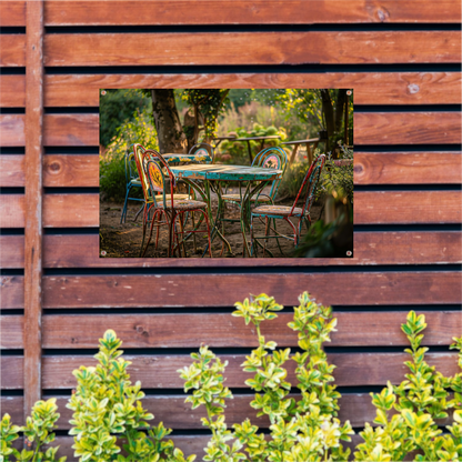 Moderne eetkamer met kleurrijke stoelen tuinposter