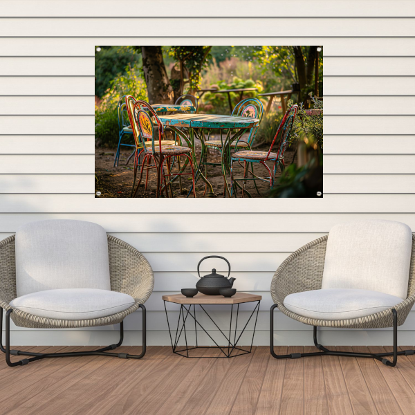 Moderne eetkamer met kleurrijke stoelen tuinposter