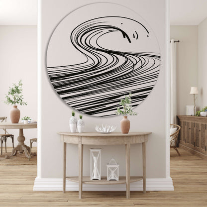 Zwart-wit minimalistische golf lijnkunst aluminium muurcirkel