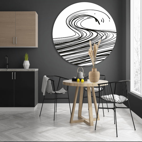 Zwart-wit minimalistische golf lijnkunst aluminium muurcirkel