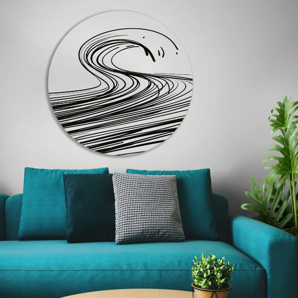 Zwart-wit minimalistische golf lijnkunst aluminium muurcirkel