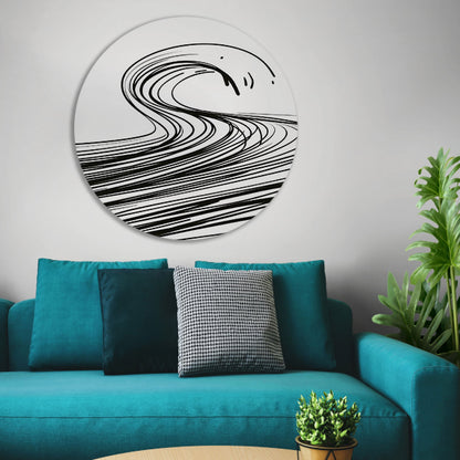 Zwart-wit minimalistische golf lijnkunst aluminium muurcirkel