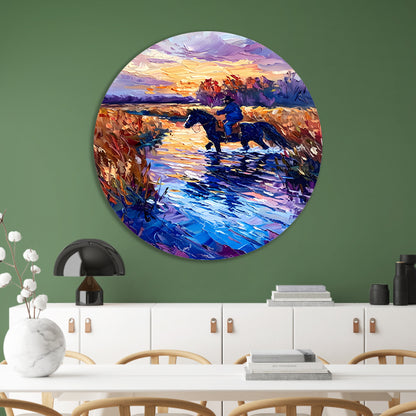 Ruiter op paard bij zonsondergang schilderij aluminium muurcirkel