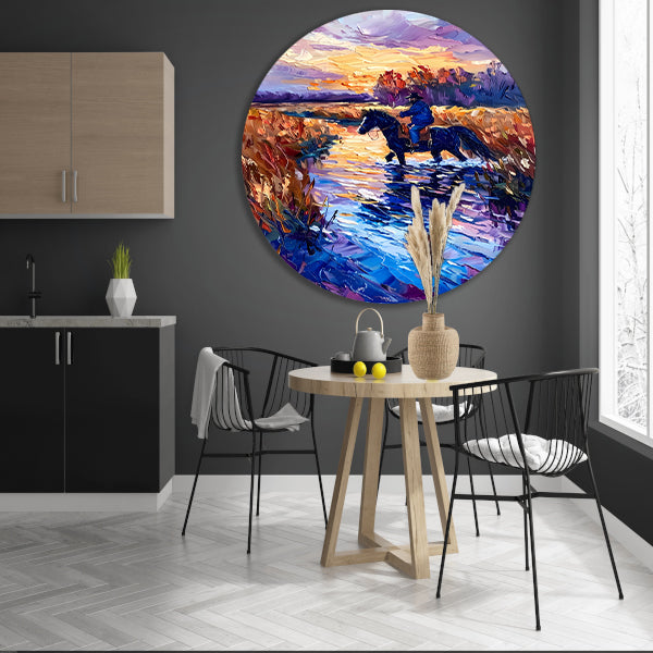 Ruiter op paard bij zonsondergang schilderij aluminium muurcirkel