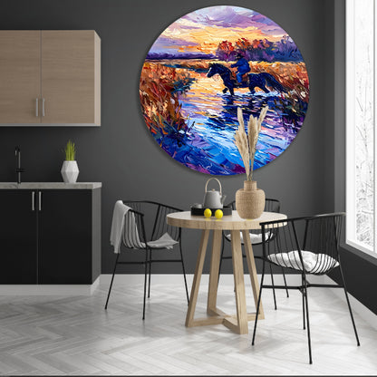 Ruiter op paard bij zonsondergang schilderij aluminium muurcirkel